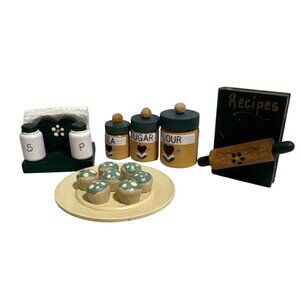 Wooden Dollhouse Set Kitchen Canisters Recipe Serviettes Cupcakes Rolling Pin